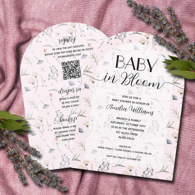 Convite Bebê de Flor Selvagem na Blogueira Todos em Um Chá (Wildflowers on pink girl Baby in Bloom all in one shower invitations)