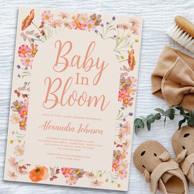Convite Bebê de flor selvagem na florada Menina de Queda (Boho chic wildflower baby shower invitation watercolor floral gender neutral fall invite)