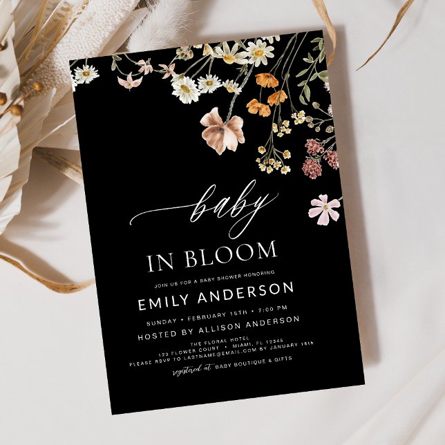 Convite Bebê de Flor Selvagem Negro em Chá de fraldas Bloq (Criador carregado)