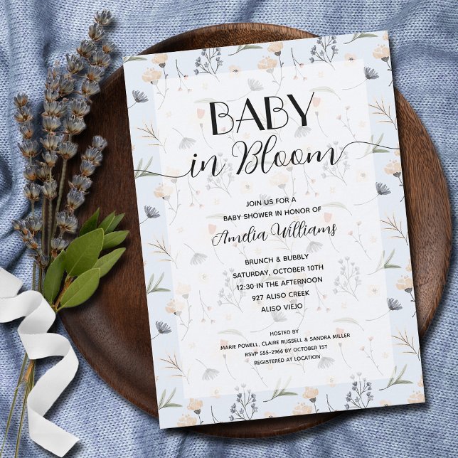 Convite Bebê de flor selvagem no Chá de Bloomia Blue Boy (Baby in Bloom wildflowers on blue boy baby shower invitations - INSTANT DOWNLOAD and/or PRINTED)