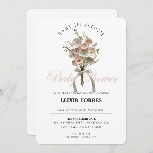 Convite Bebê de Flor Selvagem Preso no Chá de fraldas Bloo (Frente/Verso)