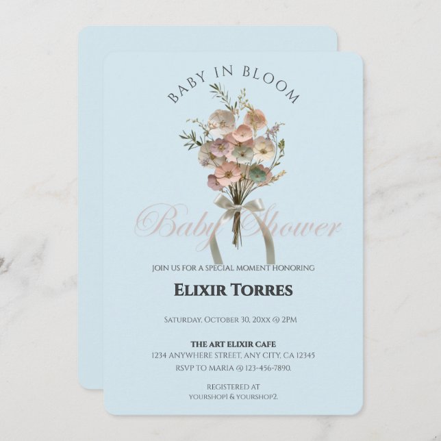 Convite Bebê de Flor Selvagem Preso no Chá de fraldas Bloo (Frente/Verso)