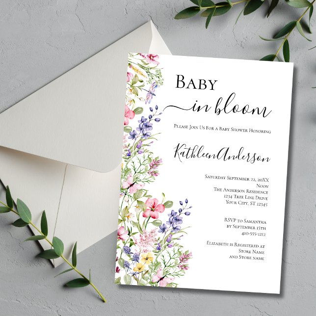 Convite Bebê de Flores Silvestres em Flor Rosa Roxo Chuvin (Wildflowers Baby in Bloom Pink Purple Flowers Dragonfly Baby Shower invitation)