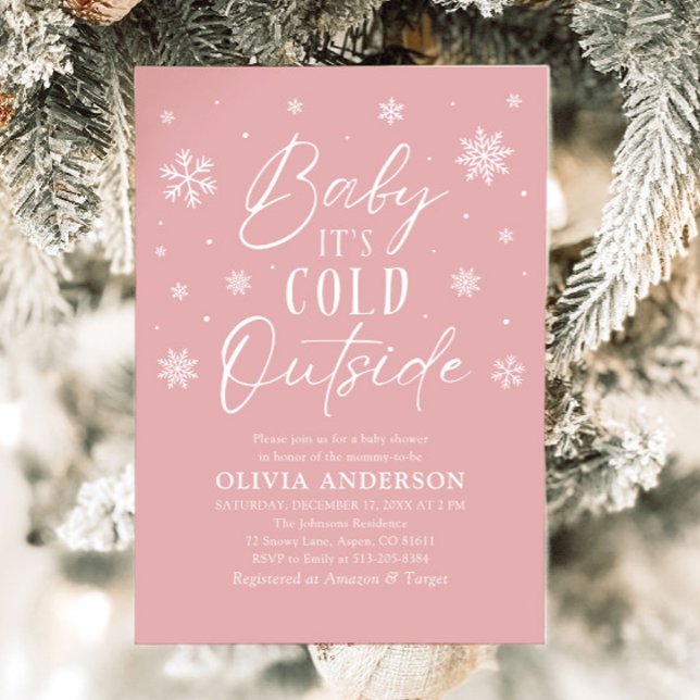 Convite Bebê de inverno rosa É frio fora do Chá de fraldas (Pink Winter Baby It's Cold Outside Baby Shower Invitation)