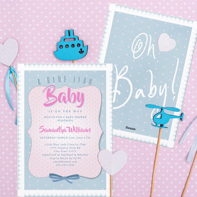 Convite Bebê de Jeans Azul Festa de Bebê Menina Rosa (Blue Jean Oh Baby! Cute Pink Denim Blue Western Country Girl Baby Shower Invitation)