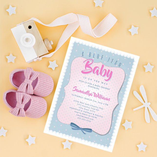 Convite Bebê de Jeans Azul Rosa Fofo Chuveiro de Bebê Meni (Blue Jean Baby Pink Cute Denim Blue & Pink Western Country Polka Dots Girl Baby Shower Invitation)
