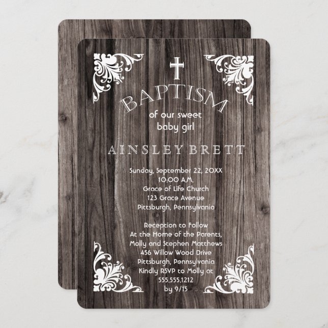 Convite Bebê de madeira russa Baptismo (Frente/Verso)
