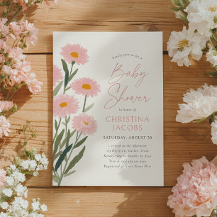 Convite Bebê de margarida Floral Rosa em Chá de fraldas de