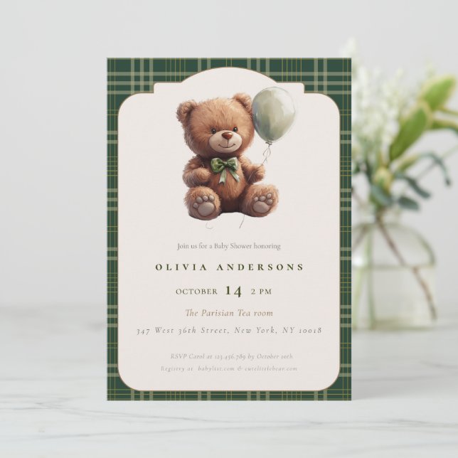 Convite Bebê de Urso de Pelúcia Xadrez Charme Préppy (Em pé/Frente)