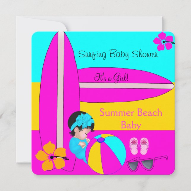 Convite Bebê de Verão Chuveiro Menina Praia Bebê Surfando  (Frente)