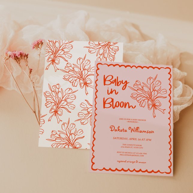 Convite Bebê Desenhado À Mão Em Chá de fraldas De Sangue (Baby in Bloom Girls Baby Shower Invite)