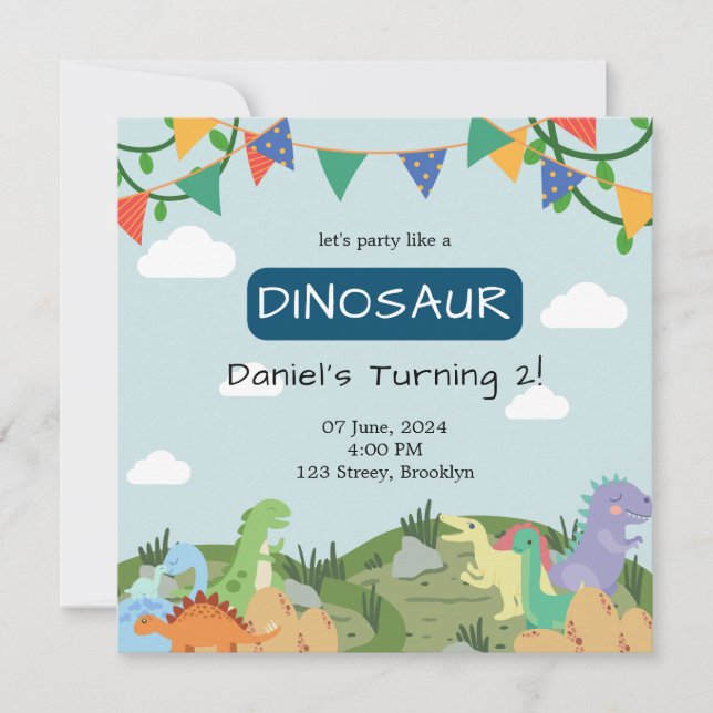 Convite Bebê Dinossauro Céu Azul Aniversário (Frente)