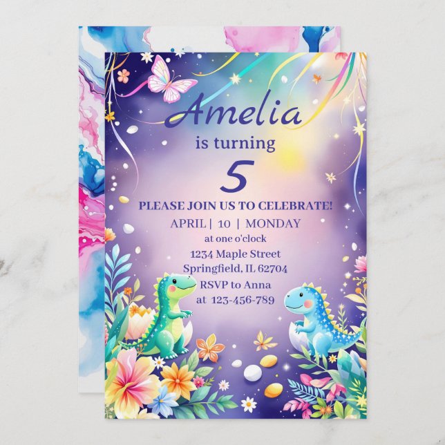 Convite Bebê dinossauro verde fofo com tema azul (Frente/Verso)