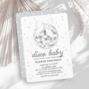Convite Bebê Disco Bola de Disco Prata Laço Chuvinha de Be