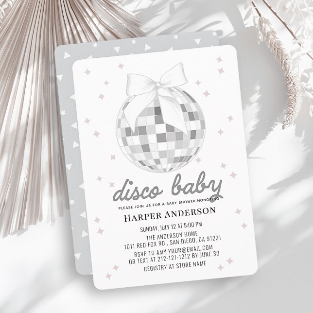 Convite Bebê Disco Bola de Disco Prata Laço Chuvinha de Be (Criador carregado)