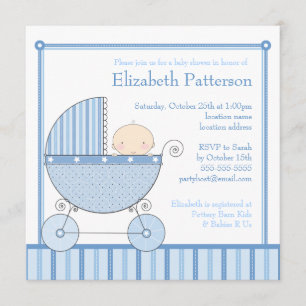 Convite Bebé doce no chá de fraldas da carruagem no azul