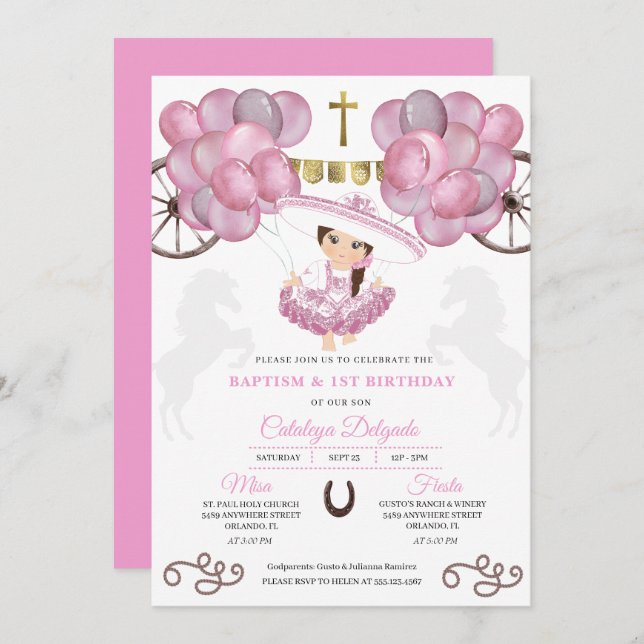 Convite Bebê Dourado Carra Balões de Vestido Rosa Batismo (Frente/Verso)