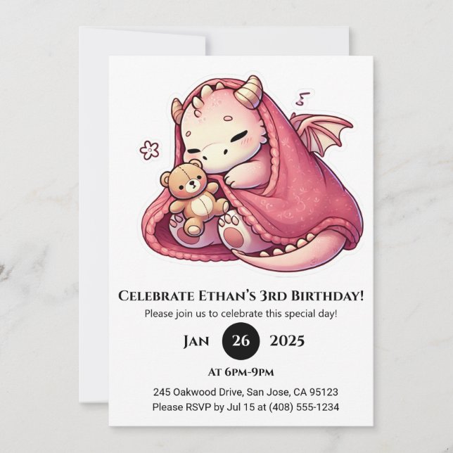 Convite Bebê Dragão Rosa Dormindo com Aniversário de Teddy (Frente)