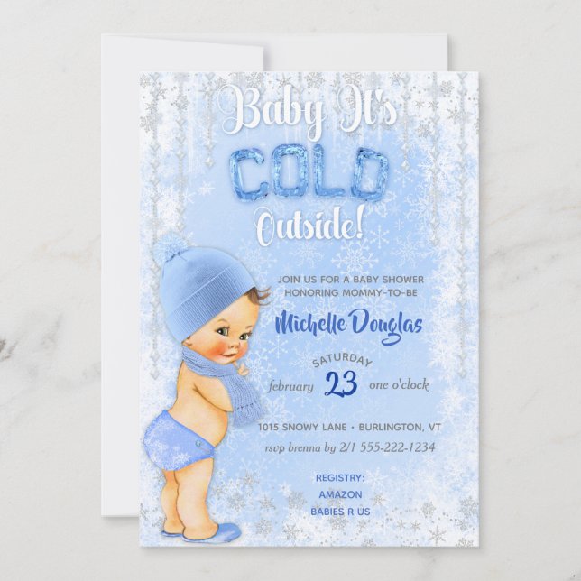 Convite Bebê É Floco de Neve Frio Azul Menino Chuveiro (Frente)