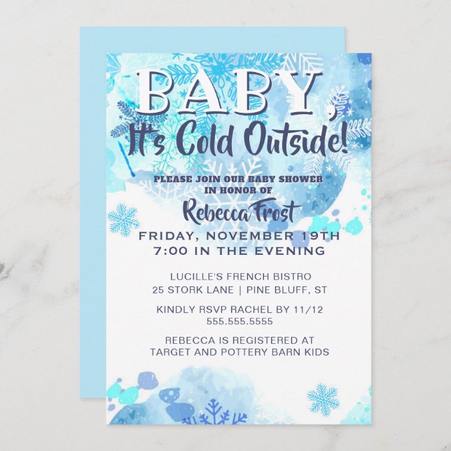 Convite Bebê É Frio Fora De Flocos De Neve Chá Azul (Frente/Verso)