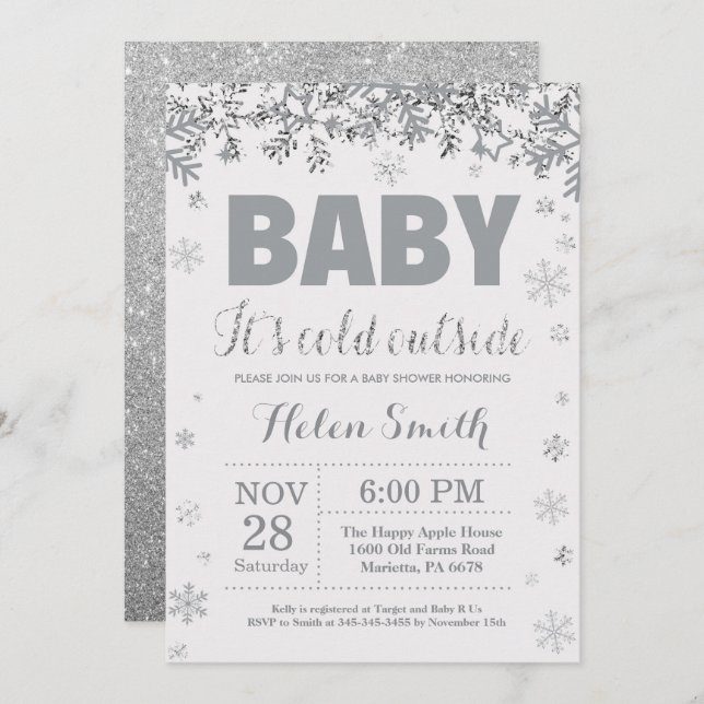 Convite Bebê é Frio Fora de Prata e Chá de fraldas (Frente/Verso)