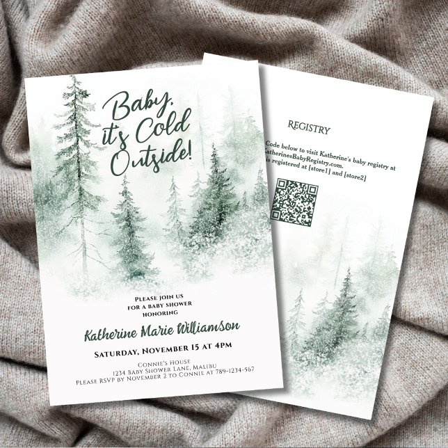 Convite Bebê é frio fora do Chá de fraldas da Floresta de  (Baby It's Cold Outside Winter Forest Baby Shower Invitation with Watercolor Green Forest, QR Code.)