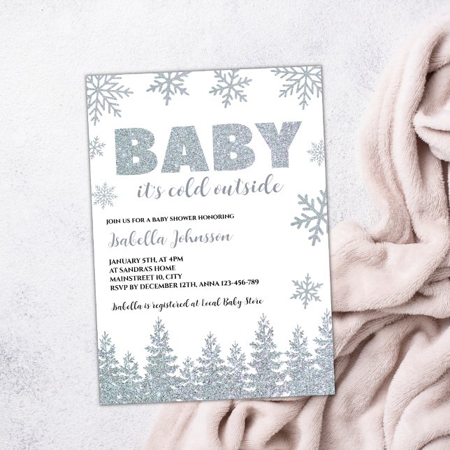 Convite Bebê É Frio Fora do Chá de fraldas do Inverno (winter wonderland baby shower invitation silver glitter woodland)