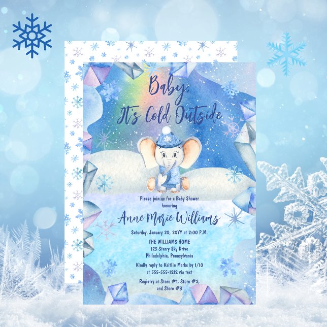 Convite Bebê É Frio Fora do Chá de fraldas Elefante ("Baby, It's Cold Outside" Cute Elephant in Cap and Scarf Snowy and Icy Winter Baby Shower Invitation)