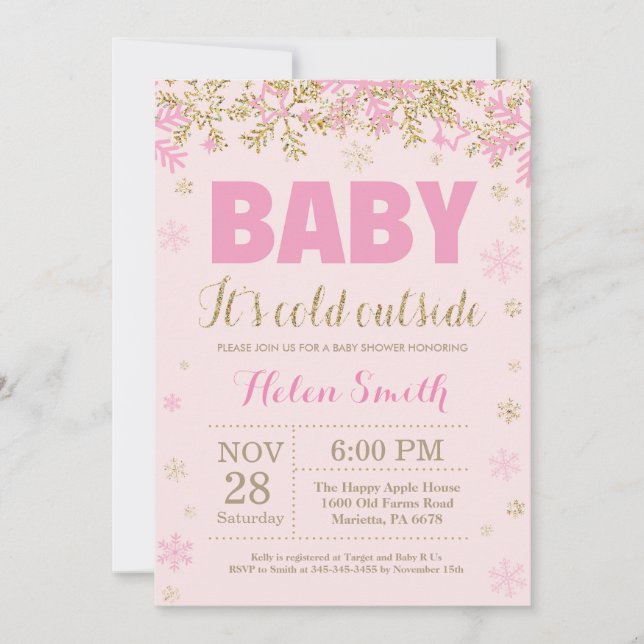 Convite Bebê é frio fora do Dourado Chá de fraldas Rosa (Frente)
