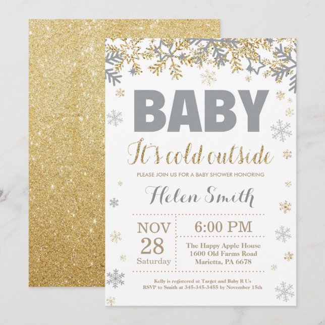 Convite Bebê é frio lá fora Chás de fraldas e Douradas (Frente/Verso)