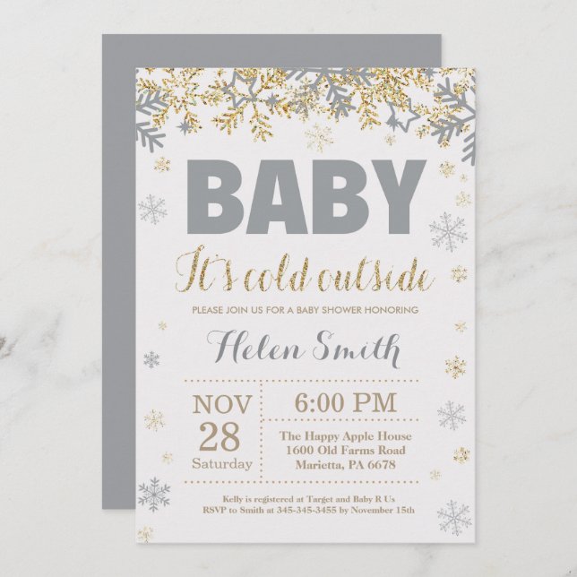 Convite Bebê é frio lá fora Chás de fraldas e Douradas (Frente/Verso)