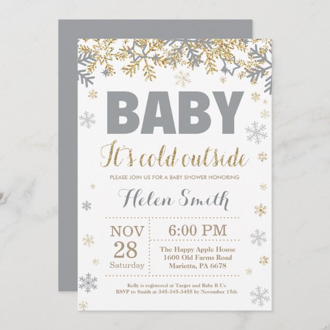 Convite Bebê é frio lá fora Chás de fraldas e Douradas (Frente/Verso)