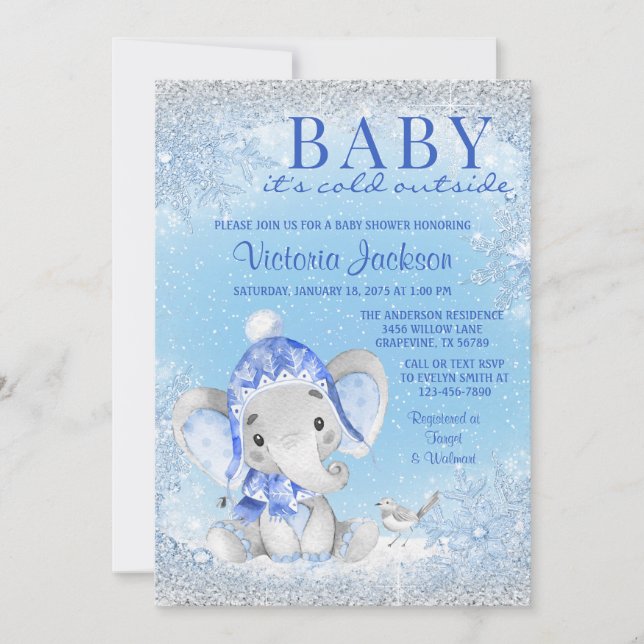 Convite Bebê Elefante Está Frio Lá Fora Chuveiro de Bebê (Frente)