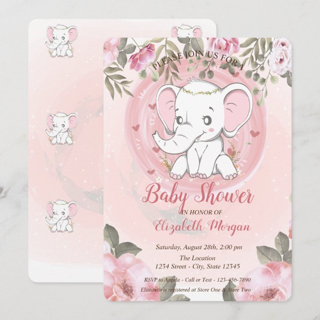 Convite Bebê Elefante Fofo, Chás de Bebê Florais (Frente/Verso)