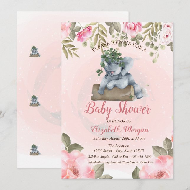 Convite Bebê Elefante Fofo, Chás de Bebê Florais (Frente/Verso)