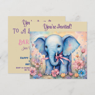 Convite Bebê Elefante Fofo Em um Jardim Pastel