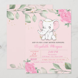 Convite Bebê Elefante Fofo, Folhas, Churrasco de Bebê Flor