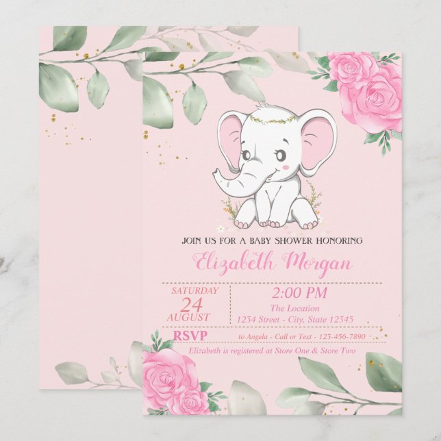 Convite Bebê Elefante Fofo, Folhas, Churrasco de Bebê Flor (Frente/Verso)