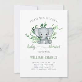 Convite Bebê Elefante Fofo Menino Verde Folhagem Branco