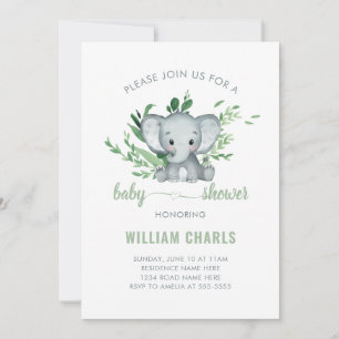 Convite Bebê Elefante Fofo Menino Verde Folhagem Branco