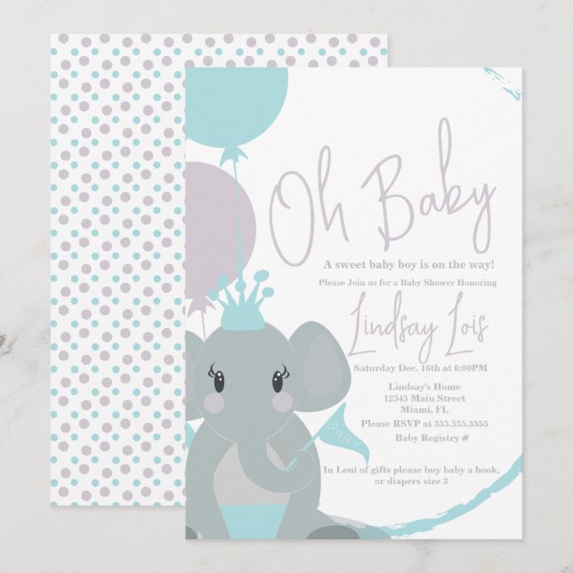 Convite Bebê Elefante Menina Balões Script Chã de Bebê  (Frente/Verso)
