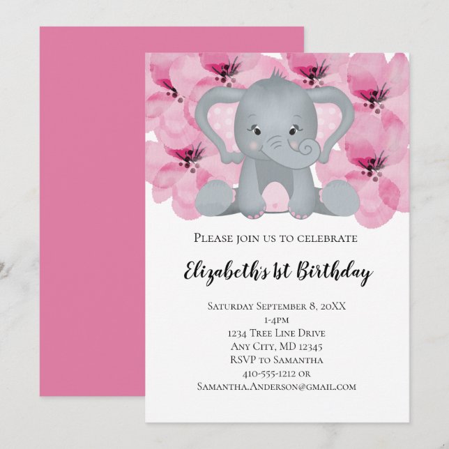 Convite Bebê Elefante Menina Rosa Flores Floral Fofo (Frente/Verso)
