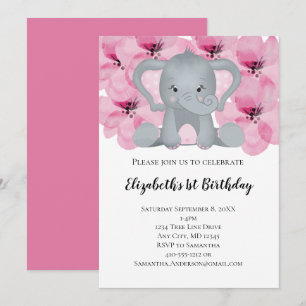 Convite Bebê Elefante Menina Rosa Flores Floral Fofo