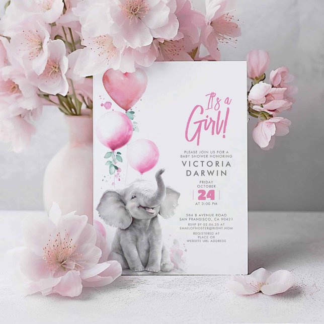 Convite Bebê Elefante Rosa e Cinza Chá de fraldas (Pink Balloons and Elephant Baby Shower Invitations - It's A Girl!)