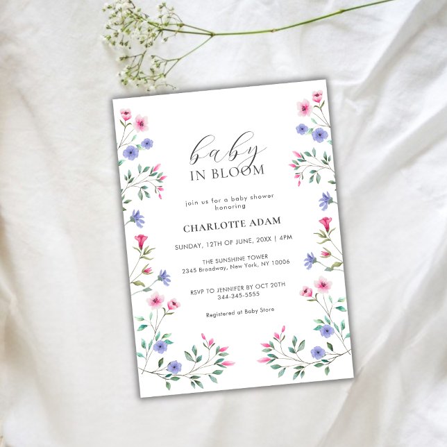 Convite Bebê Elegante Em Chá de fraldas De Flor Selvagem D (Elegant Baby In Bloom Wildflower Baby Shower Invitation)