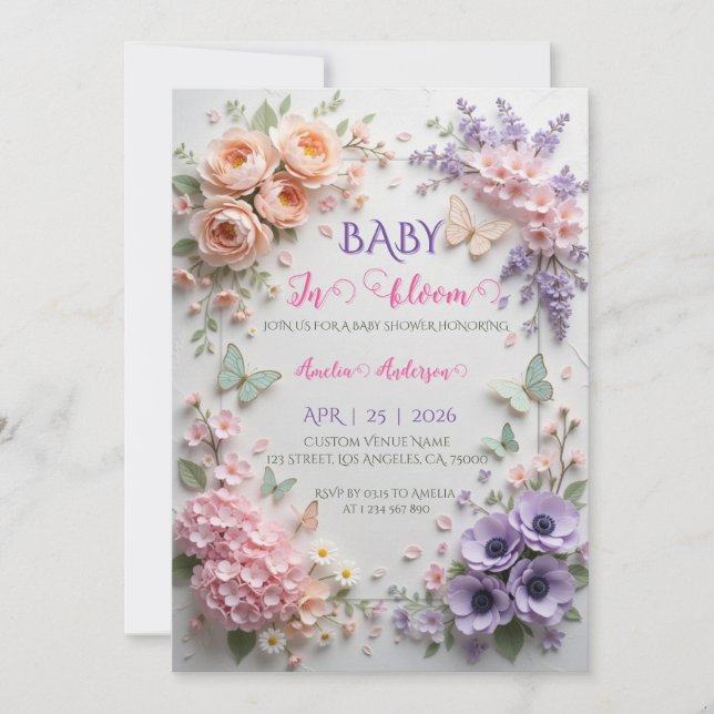 Convite Bebê Elegante em Flor Borboletas Florais Pastel (Frente)