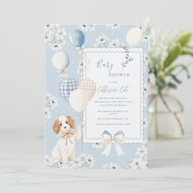 Convite Bebê Elegante Floral Azul com Balões Cachorrinho (Em pé/Frente)