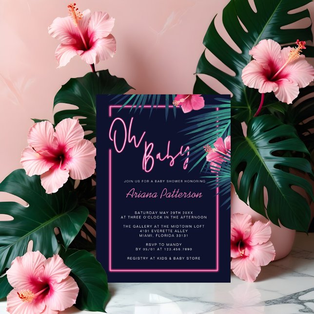 Convite Bebê Elétrica Neon Rosa Chá de fraldas Tropical (Oh Baby Electric Neon Pink Tropical Baby Shower Invitation)