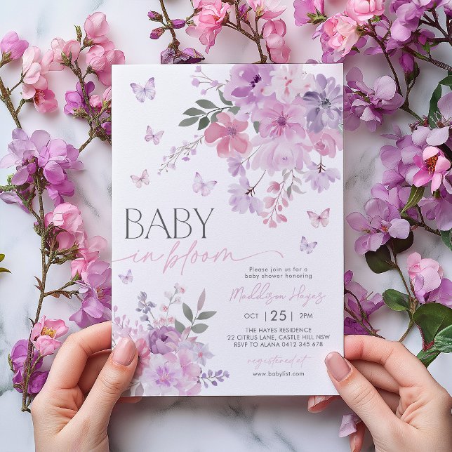 Convite Bebê em Blogosfera Chá de fraldas Floral Roxo (Baby in Bloom Butterfly Baby Shower Invitation | Pink and Purple Flowers and Butterflies)