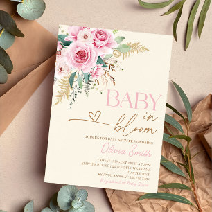 Convite Bebê Em Blogue Boho Chá de fraldas Floral Rosa